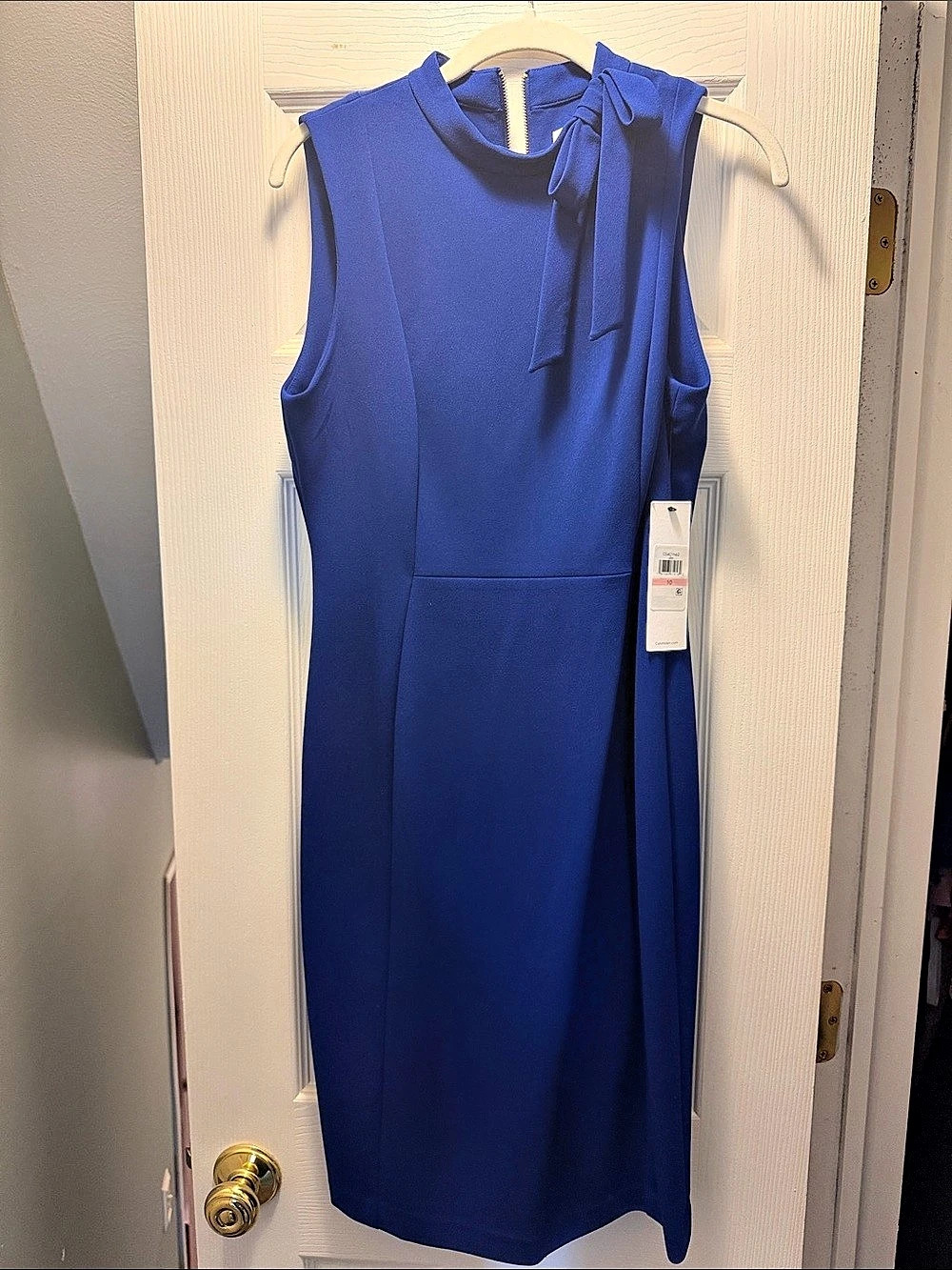 Calvin Klein Sleeveless Solid Scuba Sheath Dress with Neck Bow Sleeveless Scuba